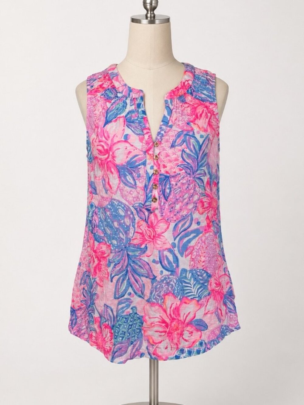 Lilly Pulitzer Pink Blue Tropical Floral Sleeveless Top M 100% Cotton Preppy